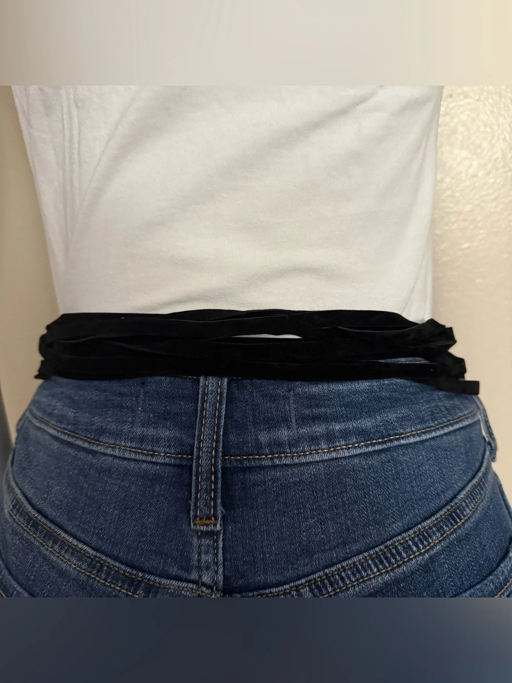 Black PU suede leather wrap belt silver ring buckle with long fringe details
